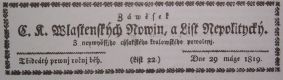 Jaroměř, Hlavička C.k. Vlastenských  novin, 29.5. 1819
