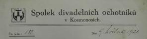 Kosmonosy, Spolek divadelních ochotníků, hlavička dopisního papíru, 1921
