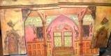 Šonov, LD, průhled dvěma gotickými vchody do hradní síně, tři díly tištěné scenérie