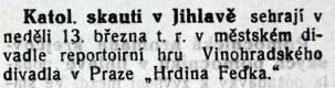 Jihlava, Klicpera, korespondence spolku, Jihlava, Skauti, Hrdina Feďka, 1938