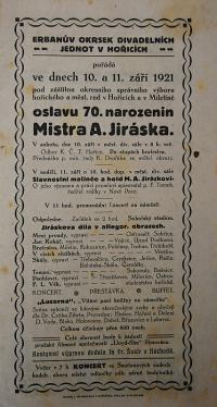 Hořice, Erbanův okrsek, Oslavy 70. narozenin Aloise Jiráska - program, 1921
