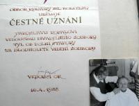 Dolní Stakory, Tyl, čestné uznání Jar. Kopalovi, 1988