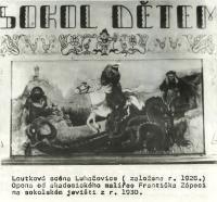 Luhačovice, Loutková scéna, opona v sokolovně, kompozice pohádkových postav Karel Zápeca, 1930