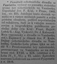 Vamberk , recenze Památníku, Český lid  Ročník XIII, 1904