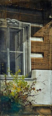 Křižlice, divadelní kulisa, část vesnické chalupy se zahrádkou, s.a.