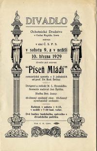 Cedar Rapids, Ochotnické družstvo, Píseň mládí - program, 1929