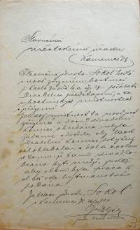 Kamenice nad Lipou, Sokol, žádost o kontrolu divadelního sálu v hostinci p. Dvořáka č.p. 27, 1900