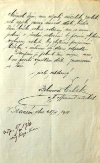 Štein-Táborský, Slaný, Tyrš, žádost o rady ke stavbě jeviště, s. 2, 1910