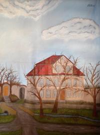 Hostivice, opona kostel a fara, autor Alois Šafařík, obnovena Josefem Novákem, detail opony, asi 1930