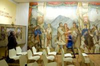 Slovensko, Martin, Armádne divadlo, opona, pracující se setkávají s múzami pod Tatrami, Martin Benka, 195x, v divadle nepoužita,