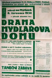 Mýtka, M.D. a Republokánský dorost, Ochotníci Pohled a Zbyhněvice, Drama mydlářova domu - plakát, 1934