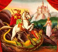 Břeclav, loutkář Jan Flachs, detail opony loutkového divadla, rytíř bojuje s drakem, namaloval Jindřich Boška, s.a.