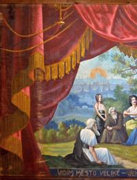 Ledenice, Libuše věštící, detail opony kočovného loutkáře Finka