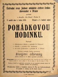 Praha, Ústřední svaz Jednot mládeže Církve čs., Pohádková hodinka - plakát, v Divadle Na Slupi, 1928