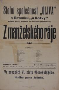 Praha-Braník, Stolní společnost Oliva, u Kotvy, Z  manželského ráje - plakát, 1911