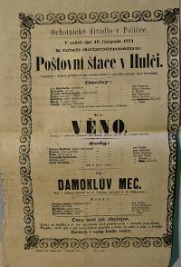 Polička, Ochotníci, Poštovní štace v Hulči - Věno - Damoklův meč - plakát, 1871