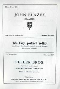USA, Cicero, Česká útulna a sirotčinec, Teta Fany, postrach rodiny, 1930, tit.str. programu 2