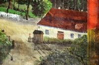 Košátky, detail opony, veduta obce, asi 1900