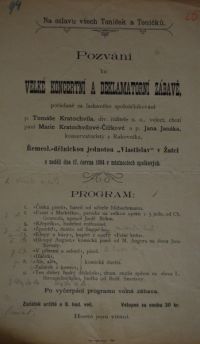 Žatec, Řemeslnicko dělnická jednota Vlastislav, Koncertní a deklamatorní zábava - plakát, 1894