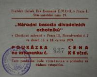 ÚMDOČ, Pražský okrsek, Národní beseda divadelních ochotníků v Chotkově zahradě - vstupenka, 1939