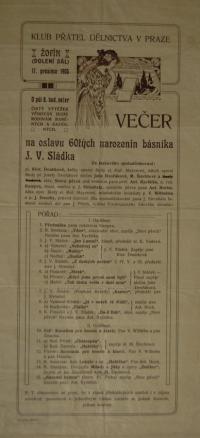 Praha, Klub přátel dělnictva, Večer na oslavu 60tých narozenin básníka J. V. Sládka - plakát, 1905