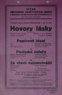 Praha, Tylův kroužek, na scéně Městského osvětového sboru, Hovory lásky - plakát, 1933