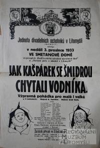 Litomyšl, JDO, Jak Kašpárek se Šmidrou chytali vodníka - plakát, 1933