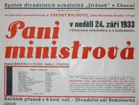 Choceň, Jirásek, Paní ministrová - plakát, 1933