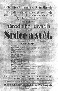 Domažlice, studující, Srdce a svět , 1873, ve prospěch Národního divadla