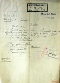 Jihlava, Okresní úřad Jihlava, žádost o povolení divadelního představení, 1937