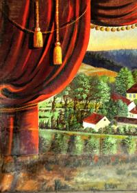 Košátky, detail opony, veduta obce, asi 1900