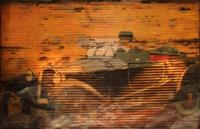 Praha, Divadlo Mana, detail opony Reklama na automobil Aero 500, opona před restaurováním