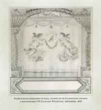 Litomyšl, Zámecké divadlo, stylizovaná opona na úvodním listě pamětní knihy, 1828