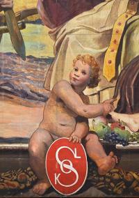 Kounov, sokolovna, detail opony, alegorie sokolského hnutí, Oskar Brázda, 1937