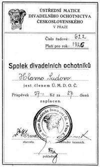 Sudovo Hlavno, Spolek (kroužek) divadelních ochotníků, legitimace ÚMDOČ, 1926