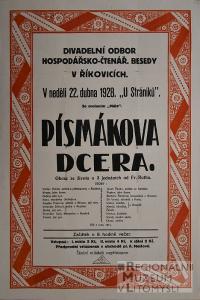 Říkovice, Hospodářsko-čtenářská beseda, Písmákova dcera - plakát, 1928
