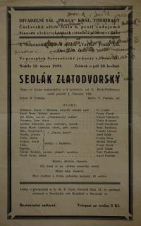 Praha-Vinohrady, První ochotnický a zábavní spolek Vavřín, (sál Praga), Sedlák Zlatodvorský - plakát, 1933