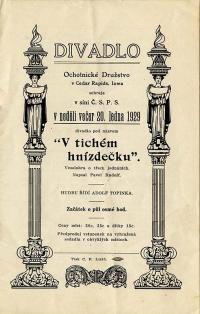Cedar Rapids, Ochotnické družstvo, V tichém hnízdečku - program, 1929