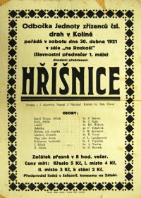 Kolín, Jednota zřízenců čsl. drah, Hříšnice -  plakát, 1921