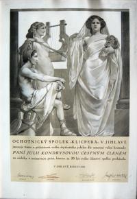 Jihlava, Klicpera, diplom čestného členství Julie Kondrysové, 1928