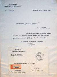 Jihlava, Klicpera, dopis Kanceláře prezidenta republiky, 1938