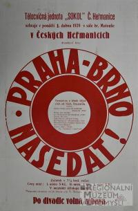 České Heřmanice, Sokol, Praha-Brno nasedat! - plakát, 1929