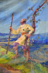 Dlouhomilov, Sokol, detail opony Praotec Čech na Řípu, autor František Flasar, 1928