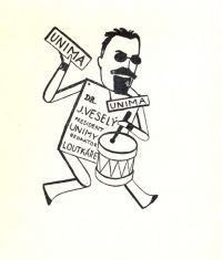 Jindřich Veselý, prezident UNIMA a šéfredaktor Loutkáře, karikatura 30. léta.