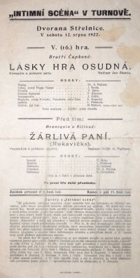 Turnov, Intimní scéna, Lásky hra osudná, Žárlivá paní - plakát , 1922