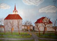 Hostivice, opona kostel a fara, autor Alois Šafařík, obnovena Josefem Novákem, asi 1930