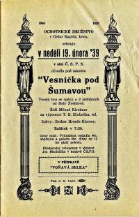 Cedar Rapids, Ochotnické družstvo, Vesnička pod Šumavou - Voňavá selka - program, 1939