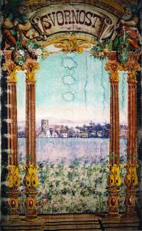 Dobrš, hostinec U Drážných, levá postranice: panorama Dobrše, nápis Svornost, x.Mrkvička, s. a.,