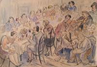 Dolní Stakory, zábava po představení, kresba L. Horákové, 1933