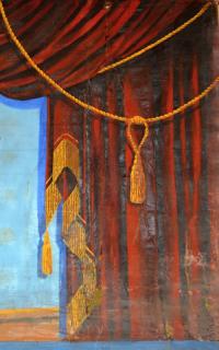 Kostelec u Křížků, opona veduta obce, detail opony